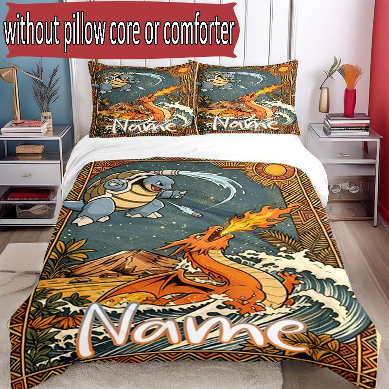 3pcs Duvet Cover Set (1*Duvet Cover + 2*Pillowcase, Without Core), Custom Name Charizard VS Blastoise Pattern Bedding Set, Home Bedroom Decor Gift