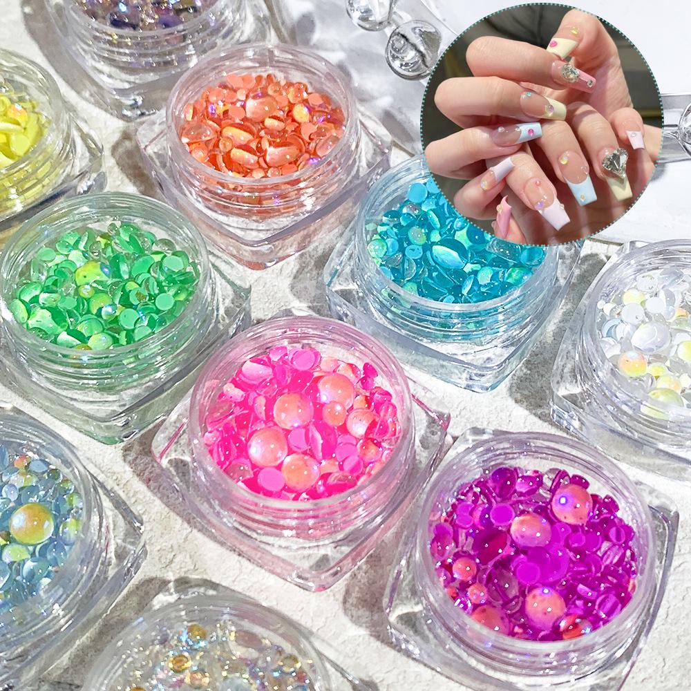Iridescent Mermaid Nail Art Beads: Half-Round Glass Rhinestones and Mixed Accessories