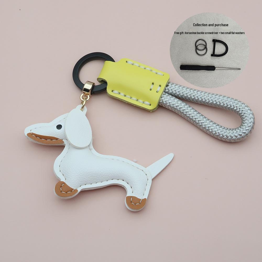 Mini Dachshund Cowhide Keychain: High-Quality Anti-Lost Lanyard with Cute Doll Pendant