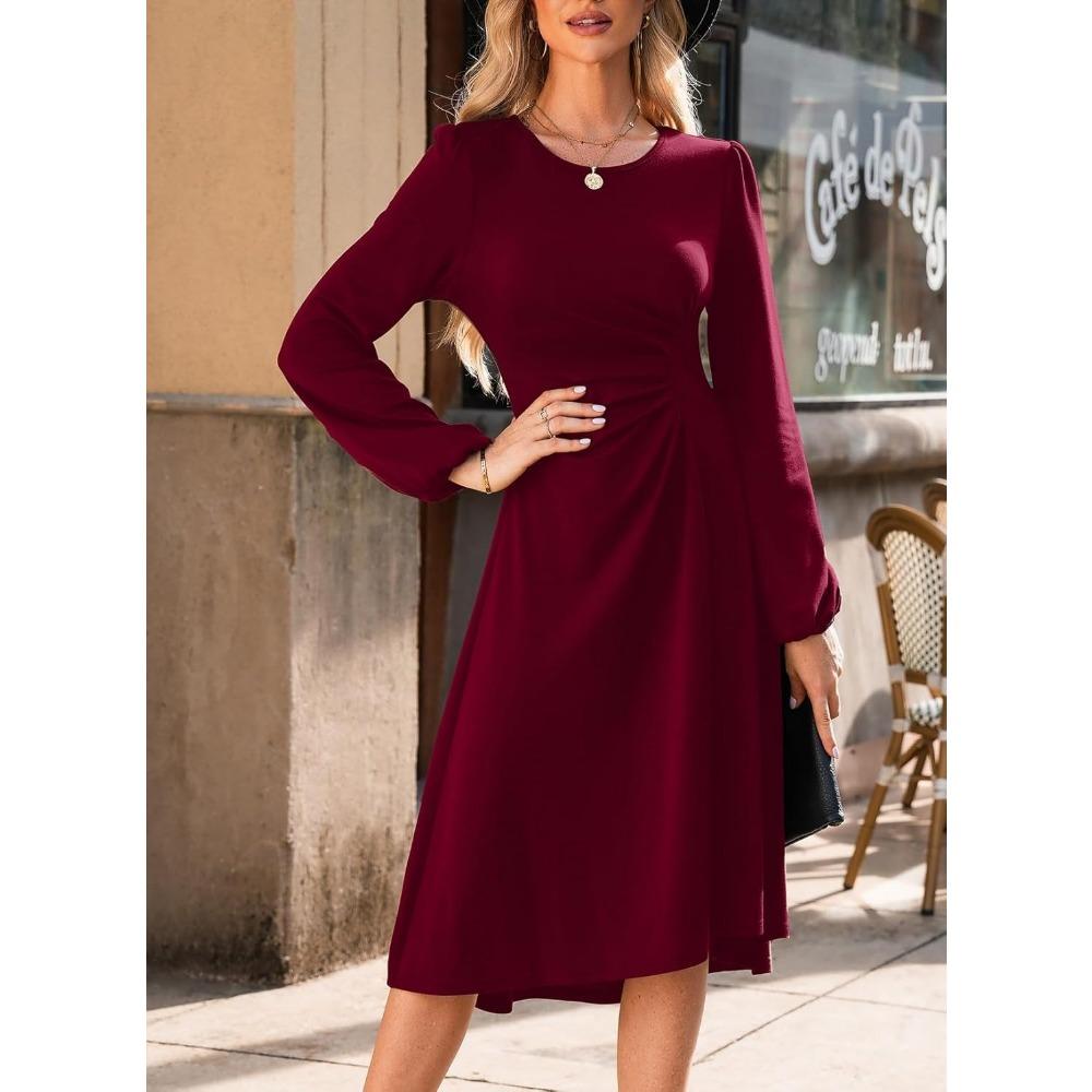 

HNXC Женская мода осень-зима однотонный принт длинный рукав О-образный вырез повседневные платья XXL красный