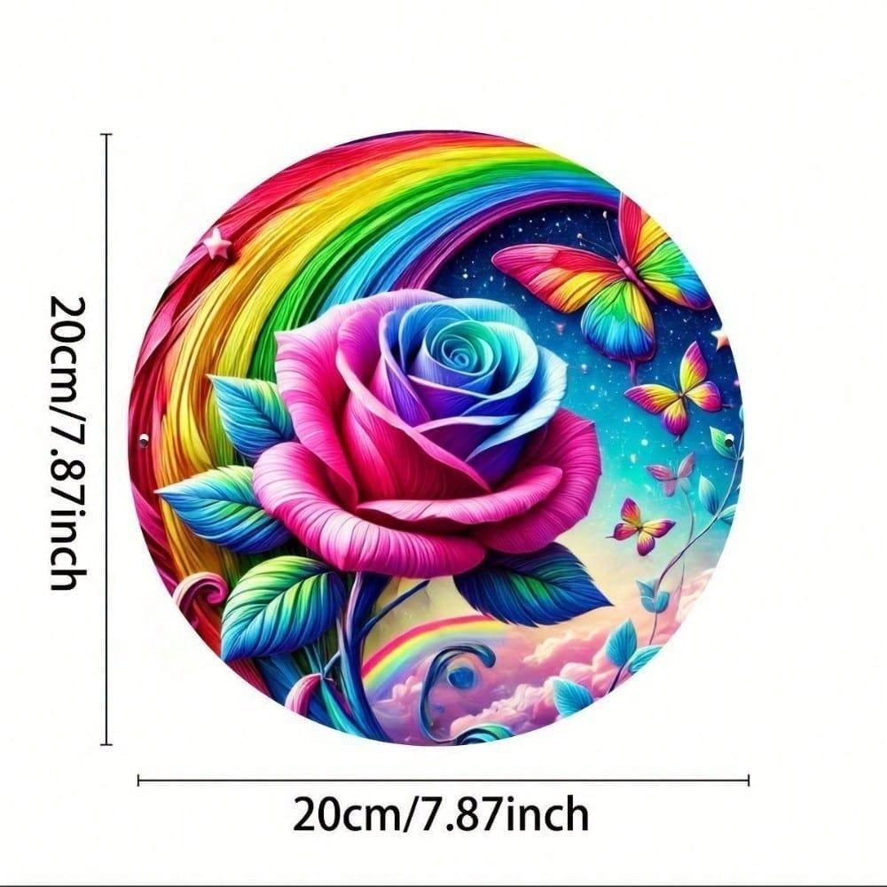 Vintage Metal Wall Art Rainbow Rose Butterfly Decor Weather Resistant Outdoor Patio Garden