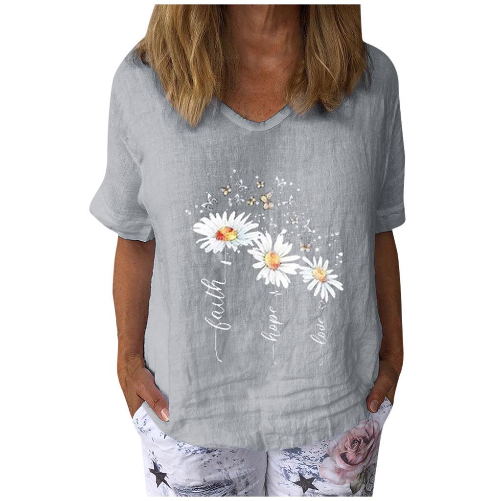 Women's Casual Print Cotton And Linen  Short Sleeves T-Shirt Blouse Tops