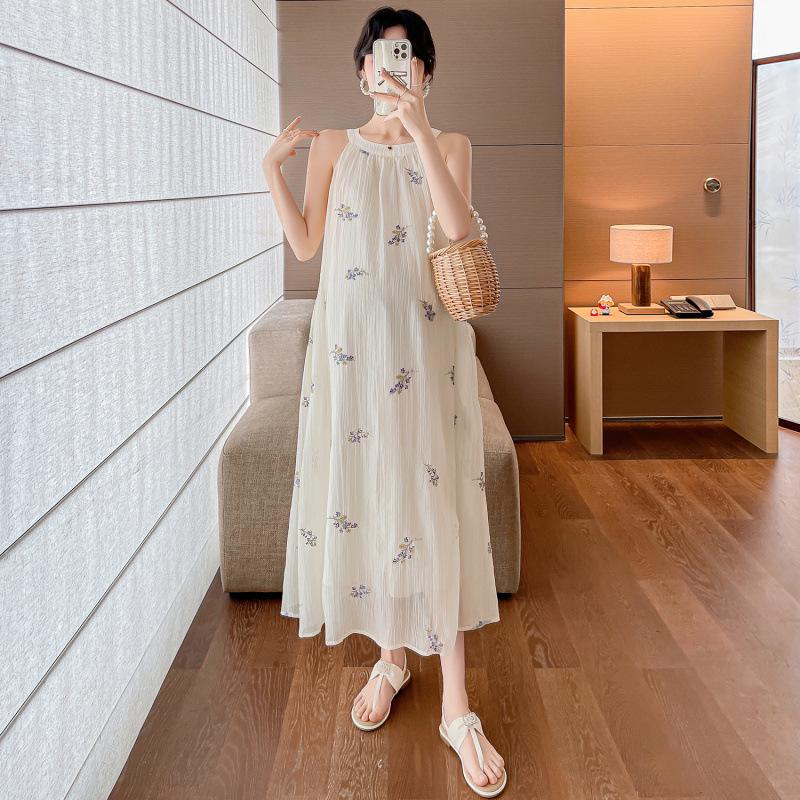 2026 Summer Maternity Dress: Embroidered Halter Neck, Off-Shoulder, Sleeveless Skirt Extra Large