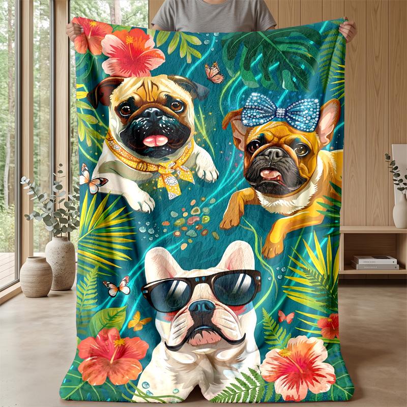 Pug Party In Paradise Theme Blanket Lightweight Warm Flannel Blanket Decorative Throw Blanket for Home Decoration