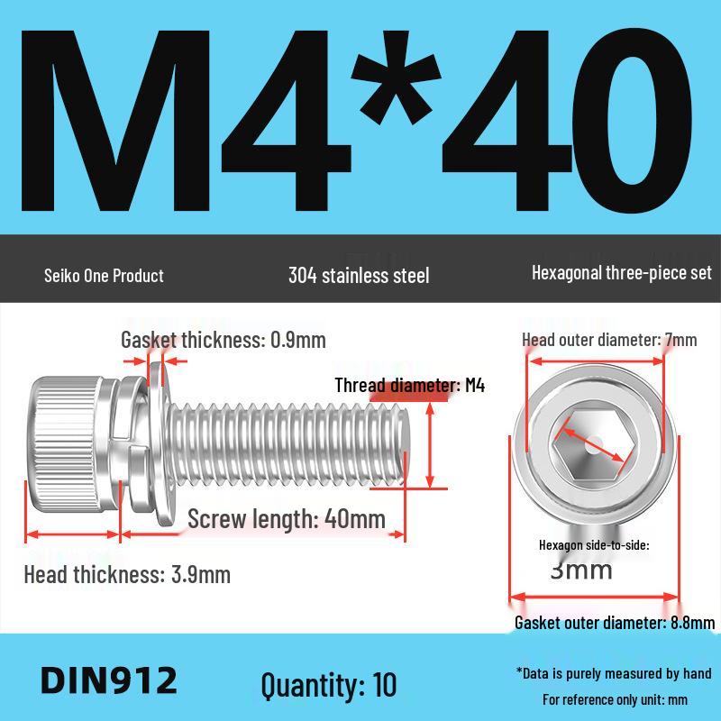 304 Stainless Steel Hex Socket Cap Screw with Washer - Sizes M3, M4, M5, M6, M8, M12