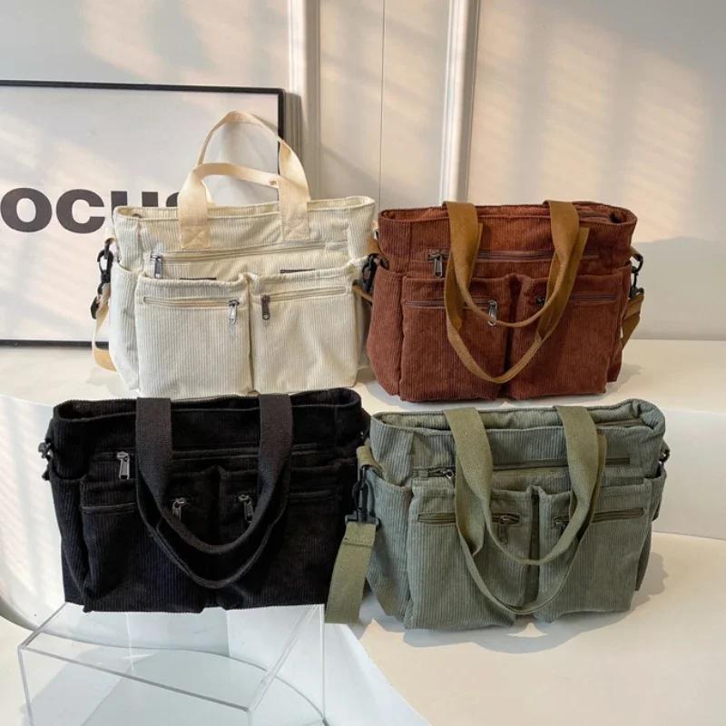 Borse Messenger Casual in Velluto a Coste Grande Capacità per Pendolari Mamma Portatile Borsa a Spalla Multi Scomparti Borse Tote da Campeggio