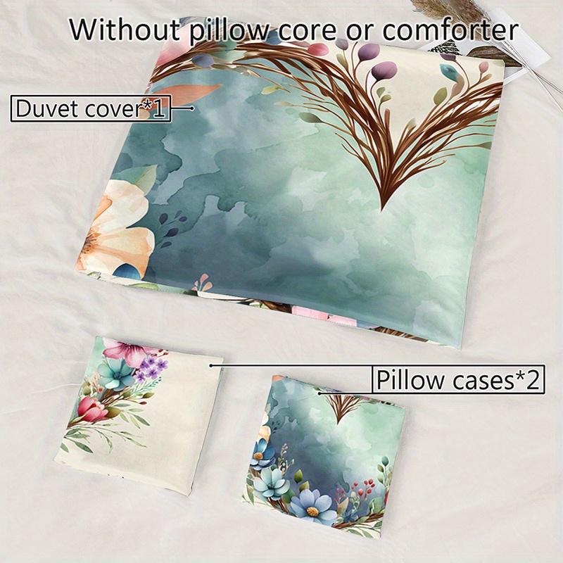 3Pcs Watercolor Floral Heart Bedding Duvet Cover Set Romantic Floral Bedding Quilt Set Bohemian Themed Bed Quilt Set Farmhouse