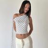 New French casual strap streamer diagonal shoulder contrasting color polka dot open button irregular top T-shirt