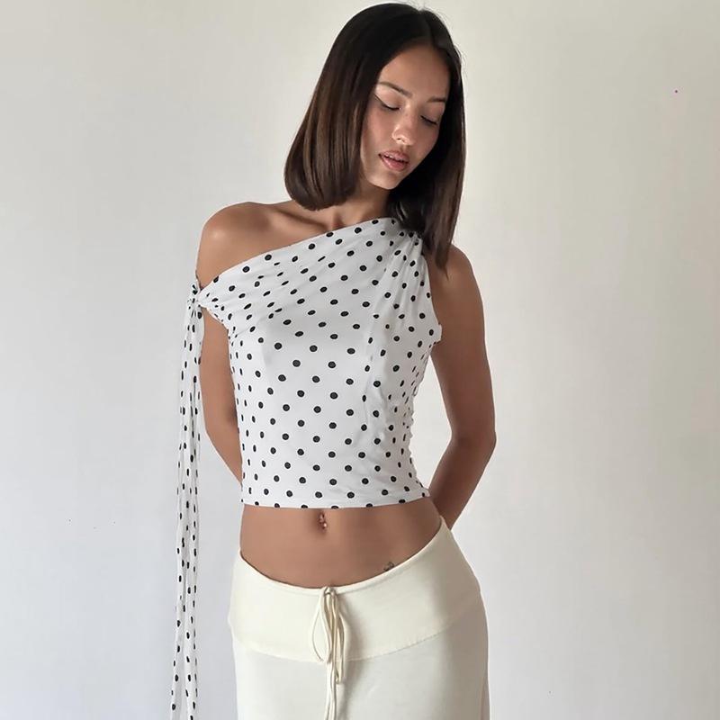 New French casual strap streamer diagonal shoulder contrasting color polka dot open button irregular top T-shirt