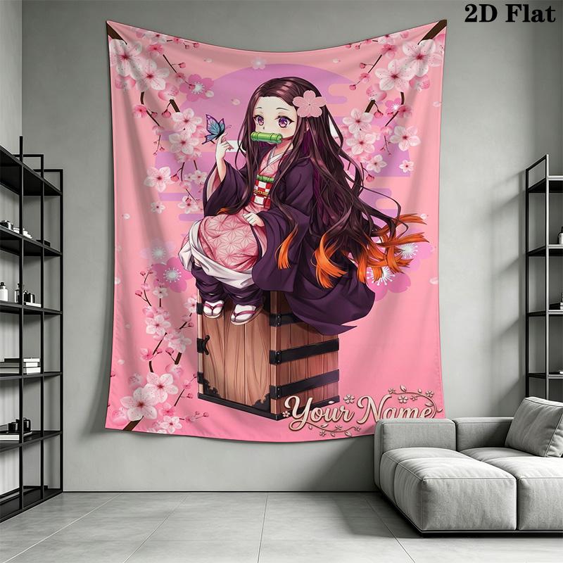 Name Custom Nezuko Wall Tapestry Aesthetic Wall Hanging Printed Fabric Blanket Decorative Tapestries for Bedroom Living Room Home Decor