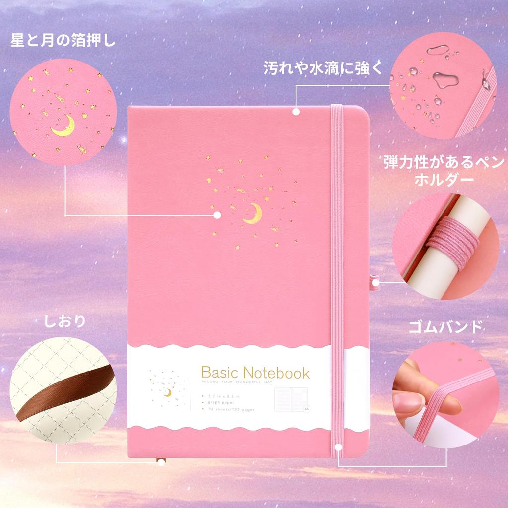 CAGIE 5mm A5 Classic Business x with Pen Pink Notebook, Grid, Notebook, Hardcover, Notebook, Journal, Notebook, 14.5cm 21cm, Holder,