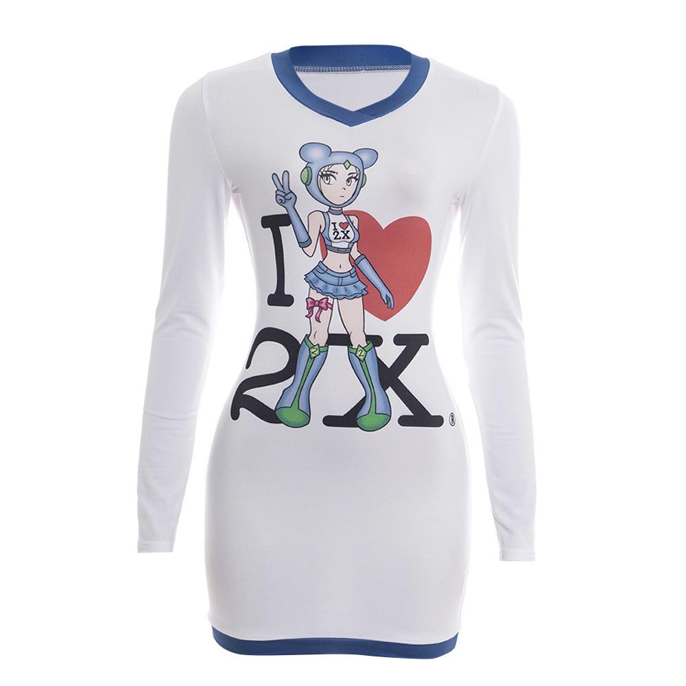 D512DS Cross-Color Slim Fit Long Sleeve Cartoon Print Dress Small белый