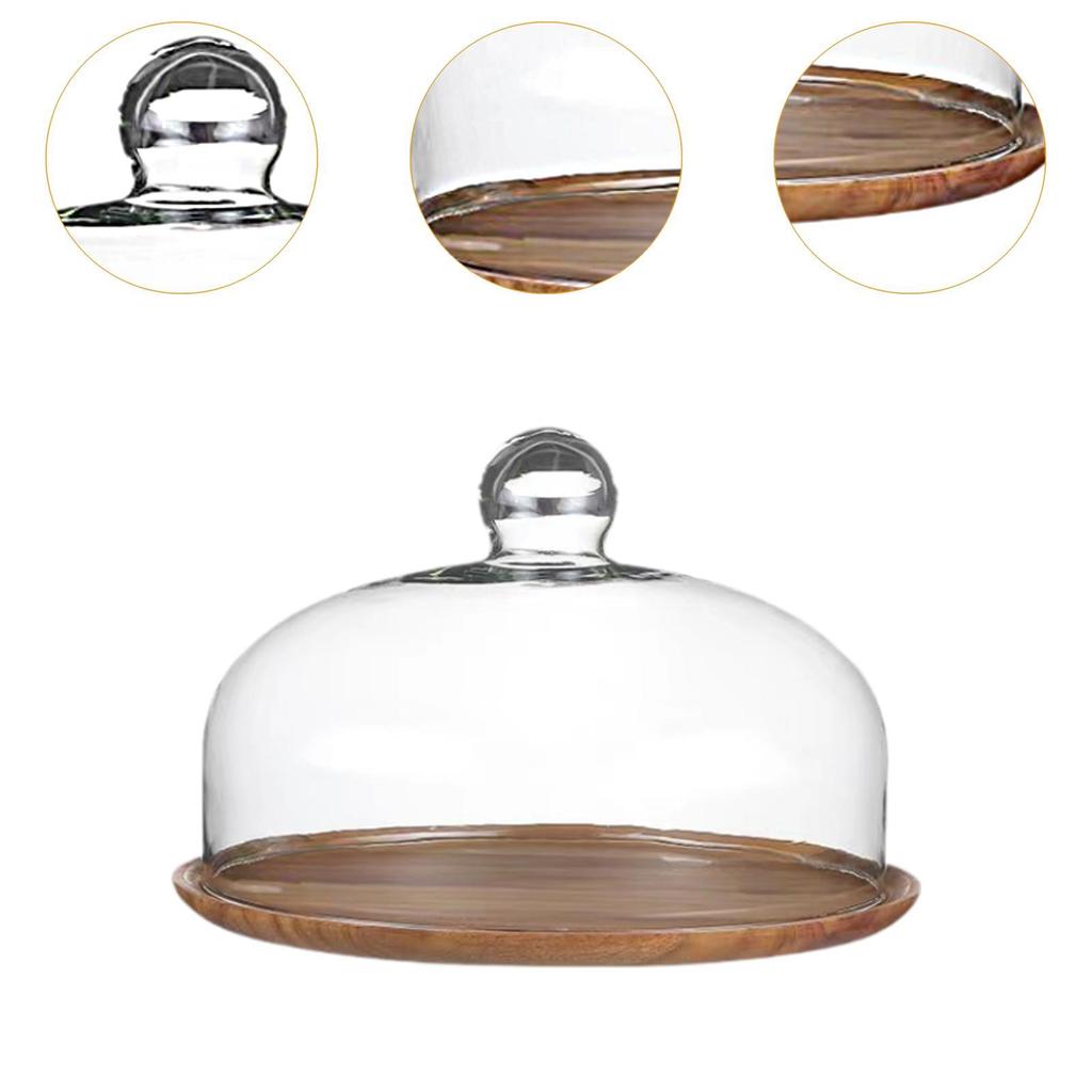Wooden Cake Stand with Glass Cover Dessert Plate Decorative Cake Holder Round Cake Plate for Cream Candy Party Dessert Cake