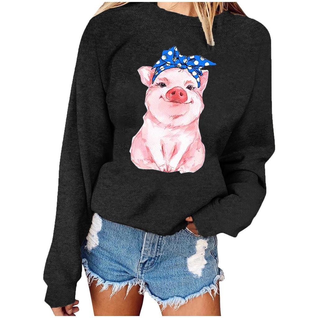 Fashion Womens Casual   pig pattern Print Long Sleeve Tops