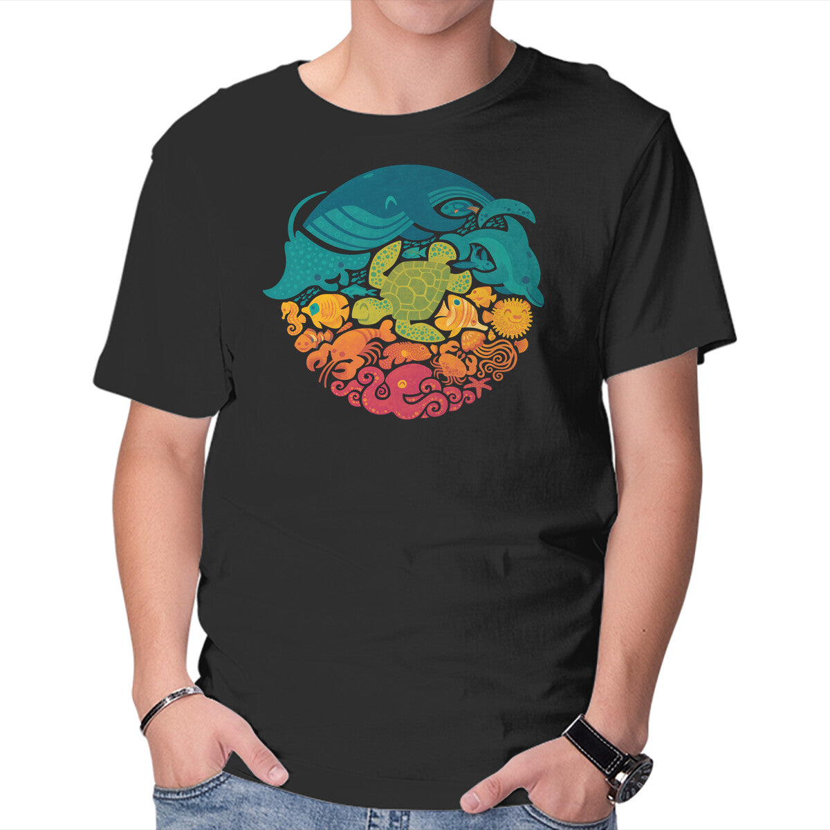 Unisex Crew Neck T-Shirt Aquatic Rainbow Graphic Short Sleeve Casual Tee XXL