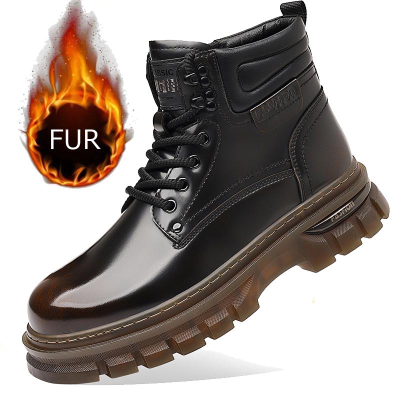 Fashion Classic Brand Genuine Leather Chelsea Boots Men Winter Warm Plush Mens Shoes Ankle Boot Thick Soled Fashionable Motorcycle Boots