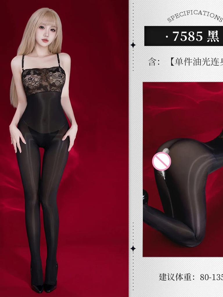 Feimu Lace Jumpsuit Tube Top See-through Open Crotch Glossy Bodystocking Temptation Sexy Women Rompers Clothing Body Suits YOZ8