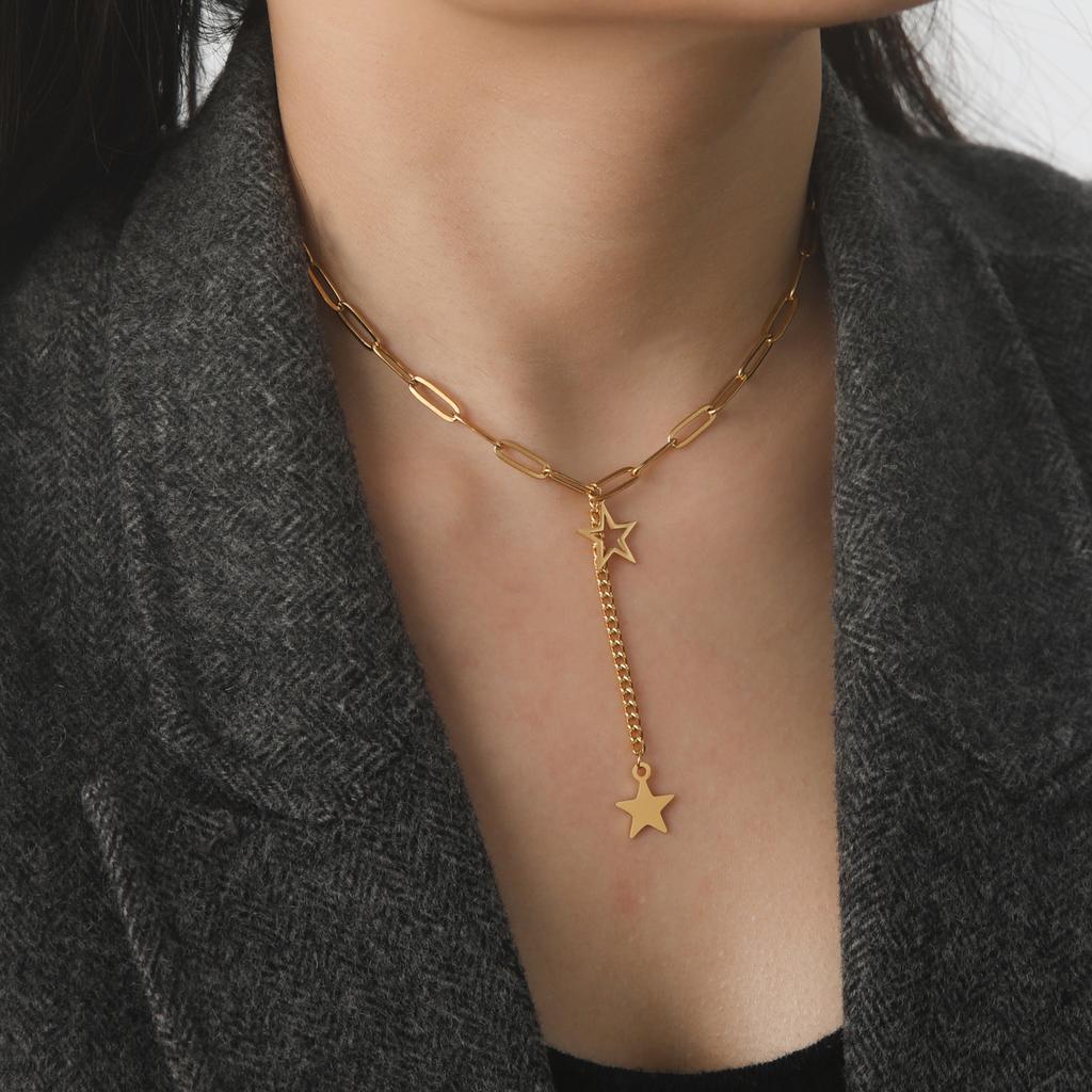 KKjoy Star Pendant Necklace for Women Silver Color Stainless Steel Beads Double Chain Collars Minimalist Jewelry Accessories New