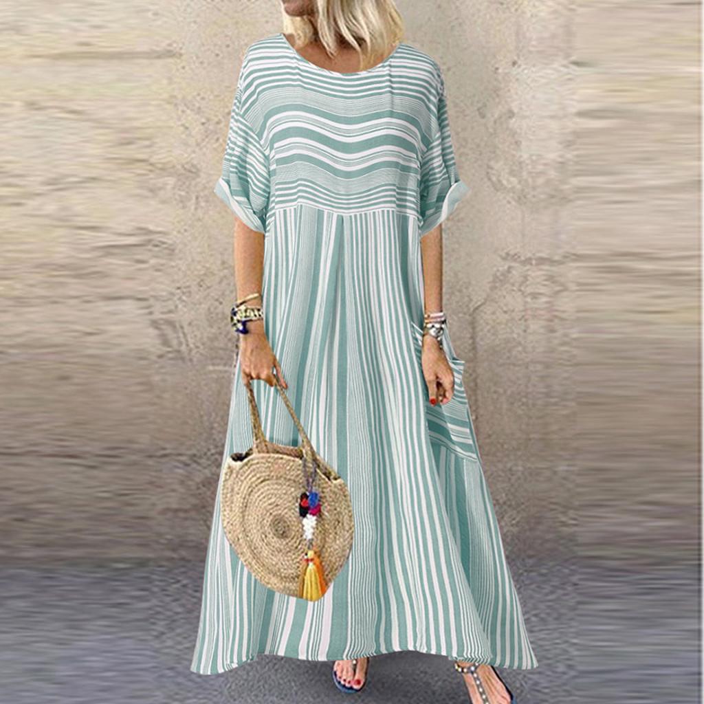 

(SU)Женская мода повседневное полосатое женское платье с коротким рукавом и карманом макси