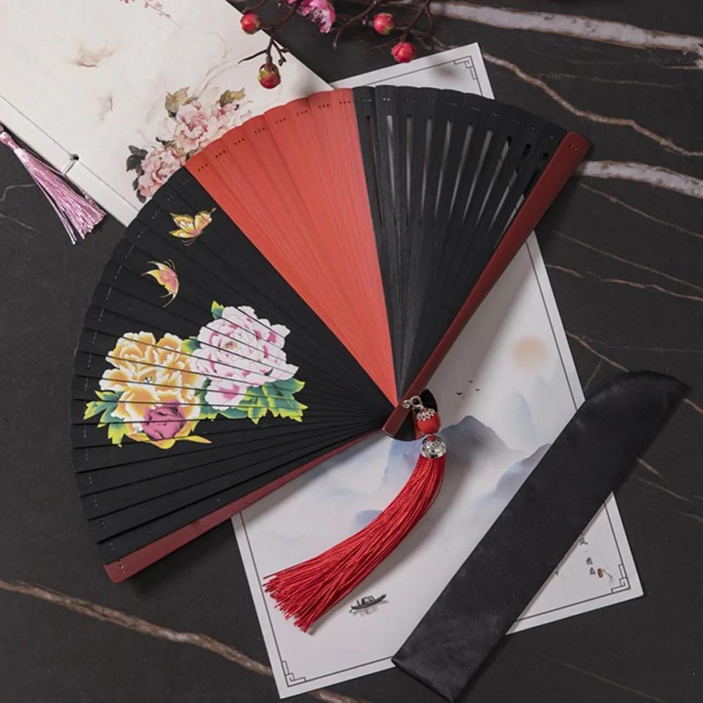 Chinesischer Stil Japanischer Klassischer Faltfächer Antiker Stil Schwarzer Faltfächer für Damen Handgefertigt Exquisite Handfächer