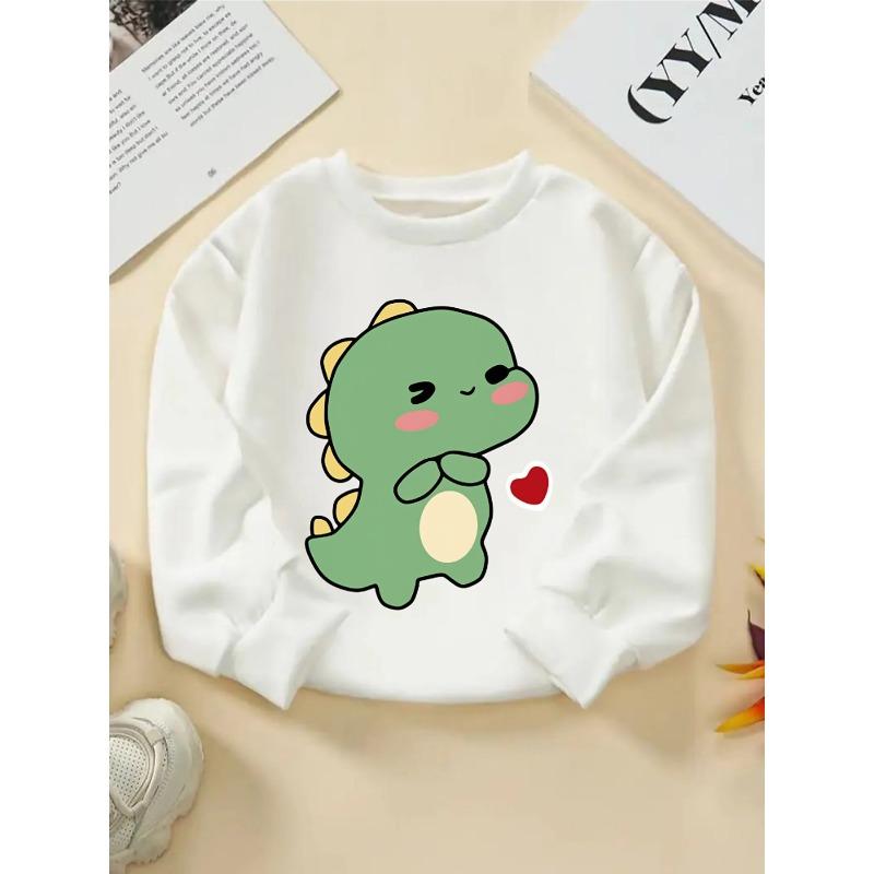 European sizes Kids  Round-Neck Hoodie - Cute Green Dinosaur with Heart , Sportswear And Casual Wear, Soft And Comfortable 110 белый