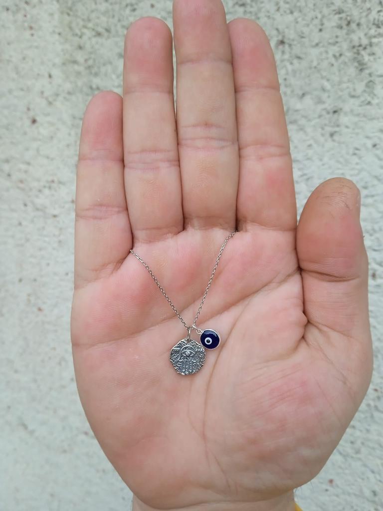 MYSTIC JEWELS by Dalia 925 Sterling Silver Hamsa Necklace 7mm Evil Eye Pendant No Gemstones Hanging, Glass,
