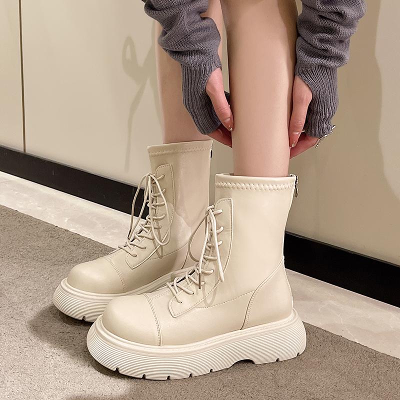 short Boots Women's  New British Style Thick-soled Fly-woven Elastic Boots Mid-heel Thin Boots Ins Thin Boots Shoes High