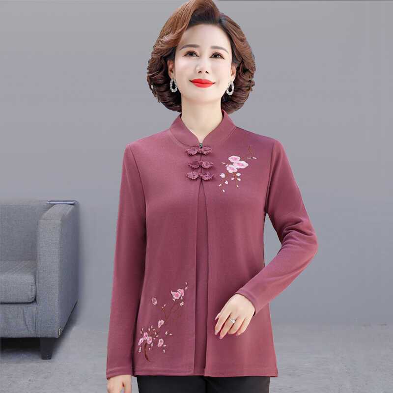 Camisa de Manga Larga Falso Dos Piezas Otoño Madres de Mediana Edad Tejido de Punto Bordado Color Sólido Tejido Casual Holgado Top