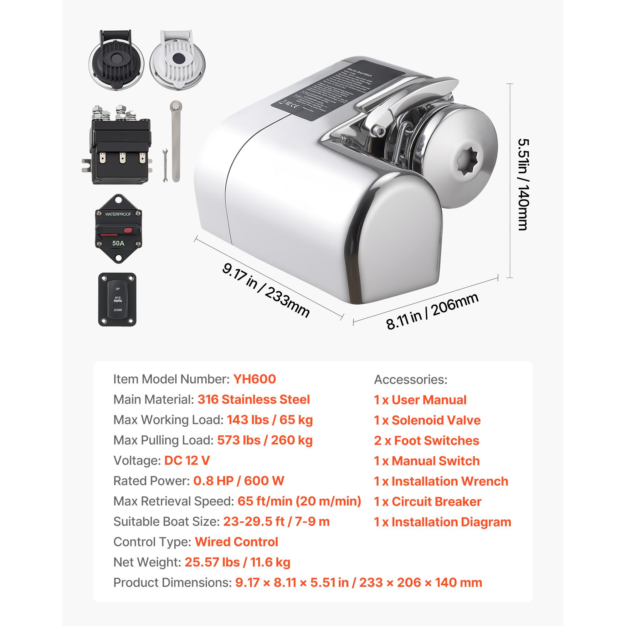 

SucceBuy Horizontal Fishing Windlass 12V DC 600W Fits 1/4-In Chain 9/16 & 5/8 In Nylon Rope Max Pull 573 lbs 316 Stainless Steel