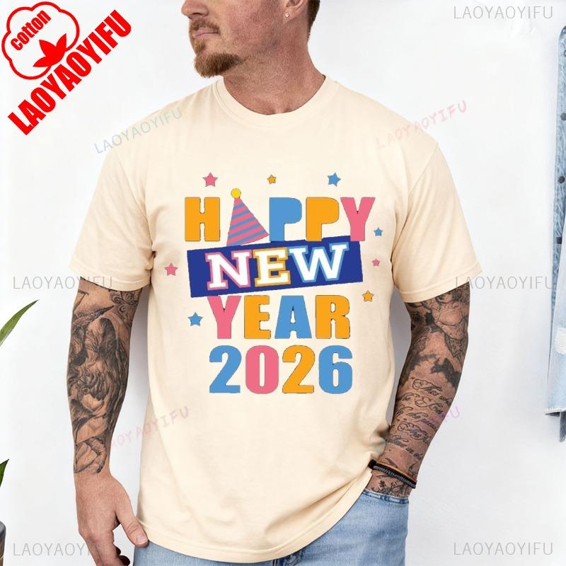 Happy New Year Colorful 2026 with Stars Adult TShirt Crew Neck Short Sleeve Cotton Top All Seasons Casual Fashion Comfortable