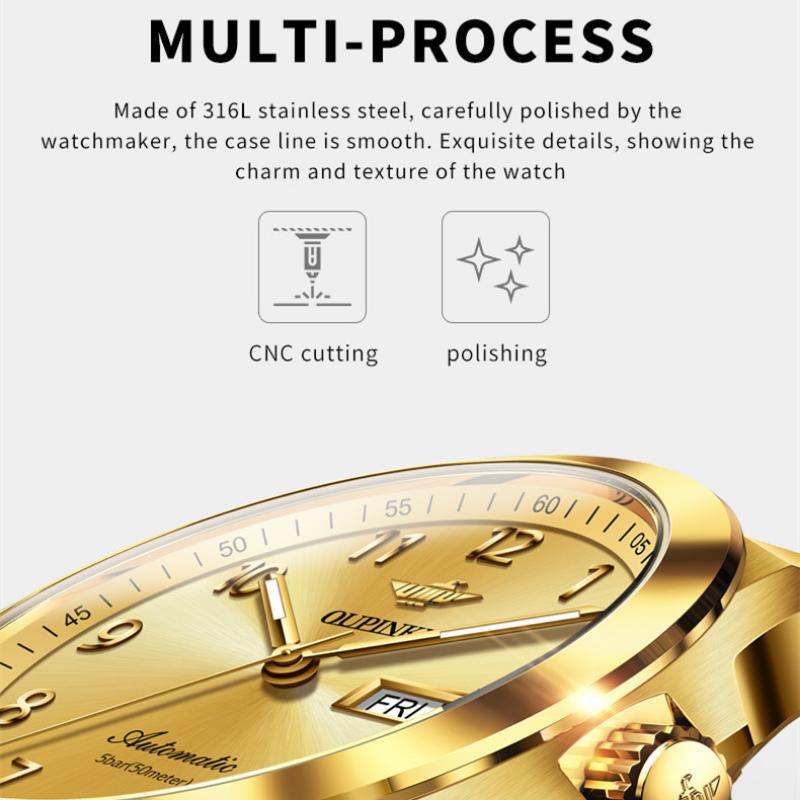 OUPINKE Zegarek męski Automatyczny zegarek mechaniczny Stal nierdzewna Biznesowy podwójny kalendarz Zegarek anty-wysokiej klasy