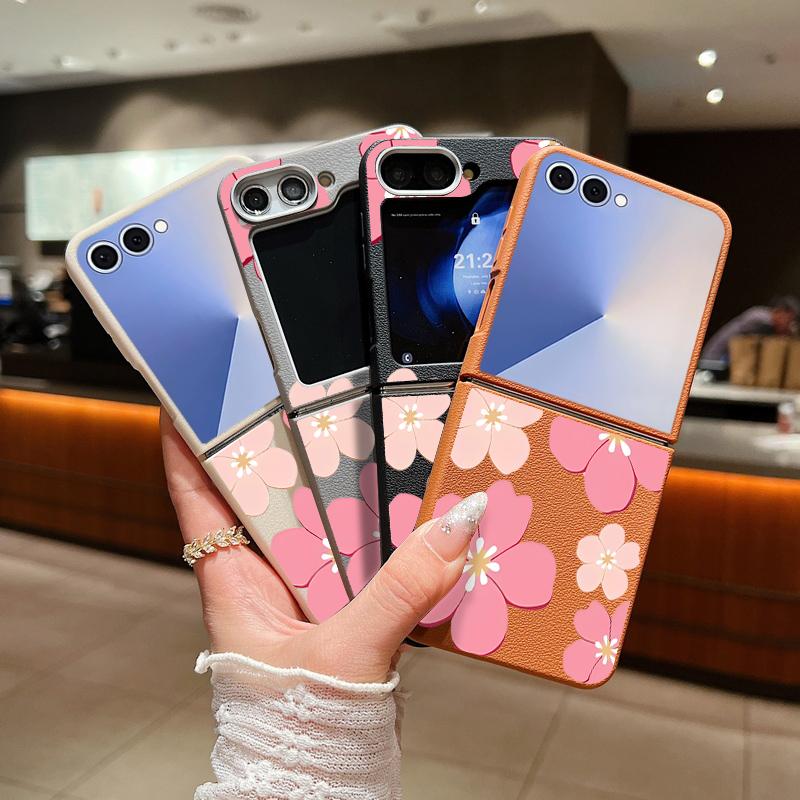 Fresh Style Cherry Blossom Pattern Case For Samsung Z Flip 7 6 5 4 Leather Texture Folding Fhone Cover For Galaxy Z Flip7 Flip6 Flip5
