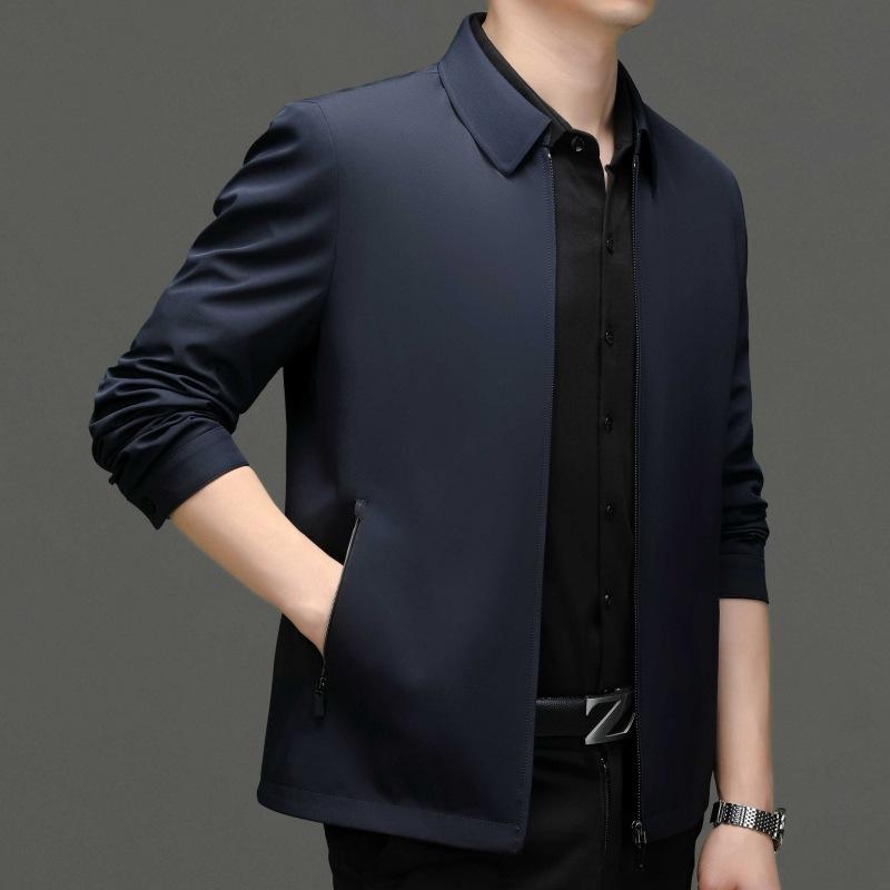 Men's High-end Stand-up Collar Mulberry Silk Jacket Spring and Autumn New Middle-aged Solid Color Casual Thin Jacket Dad Style Men's Clothing