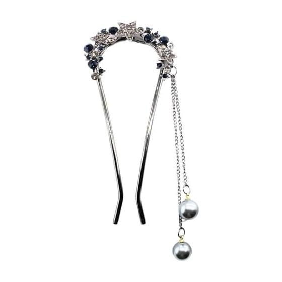 [Miaomyao] U-Shaped Hairpin with Pearl, Star, and Cubic Zirconia - Navy Blue, Silver, Blue, Gray - Elegant Hair Accessory for Kimono, Yukata,