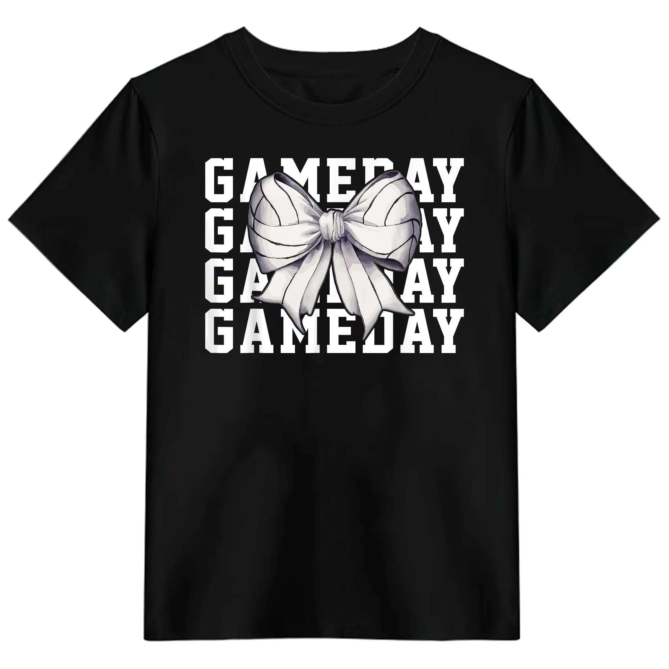

Womens Casual TShirt Sporty Style Bow Decor with Sports EleUnisext Printed Cotton Top Game Day Fashion Blouse Versatile S