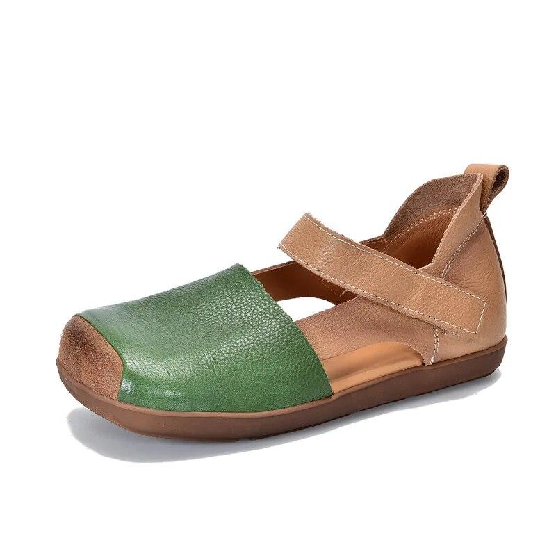 Johnature Retro Genuine Leather Sandals For Women's Mixed Colors Square Toe Soft Sole Flat Shoes