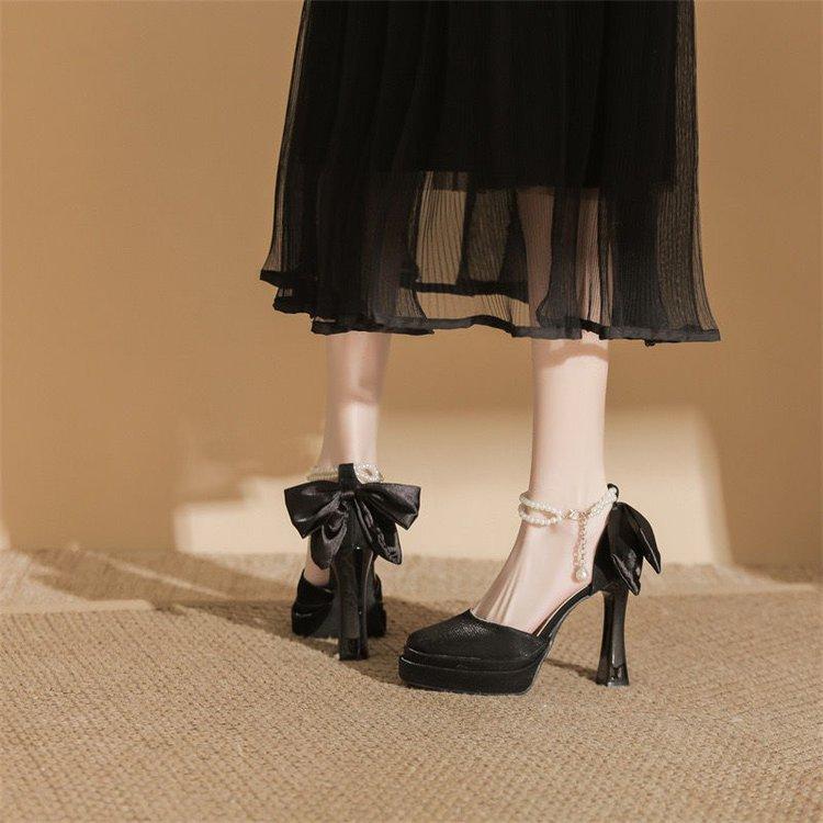 One Word with Waterproof Table High Heels Thick Heel Single Shoes Women's New White Wedding Shoes Square Head Satin Hollow Mary Jane Shoes