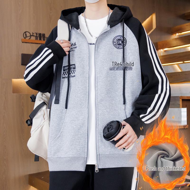 Autumn/Winter Cardigan Hoodie for Boys (Ages 13-16) - Stylish, Thick, Plus Velvet Outerwear