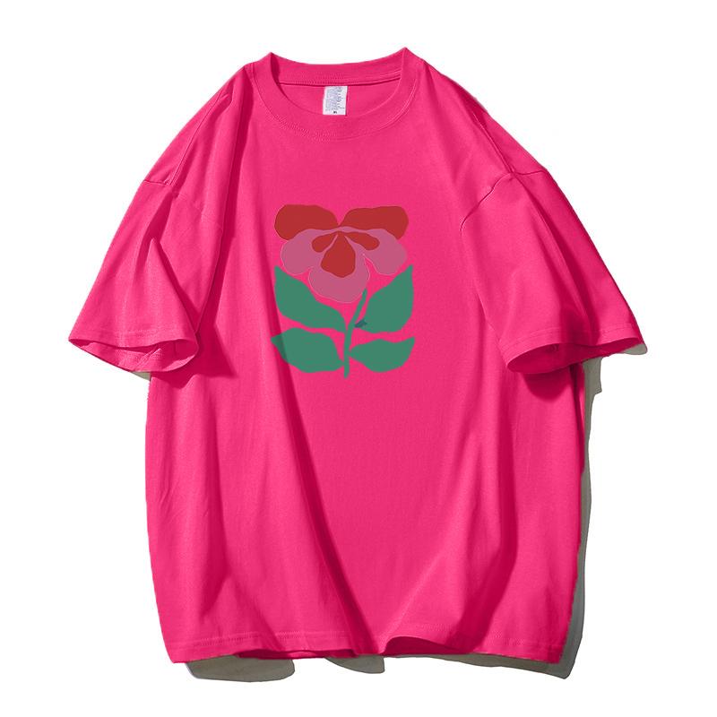 Shellsuning Krásné Květiny Tištěné Tričko pro Ženy Letní Nadměrné Ležérní O-výstřih Jednoduché Univerzální Dívčí Trička Základní Harajuku Pár Topy