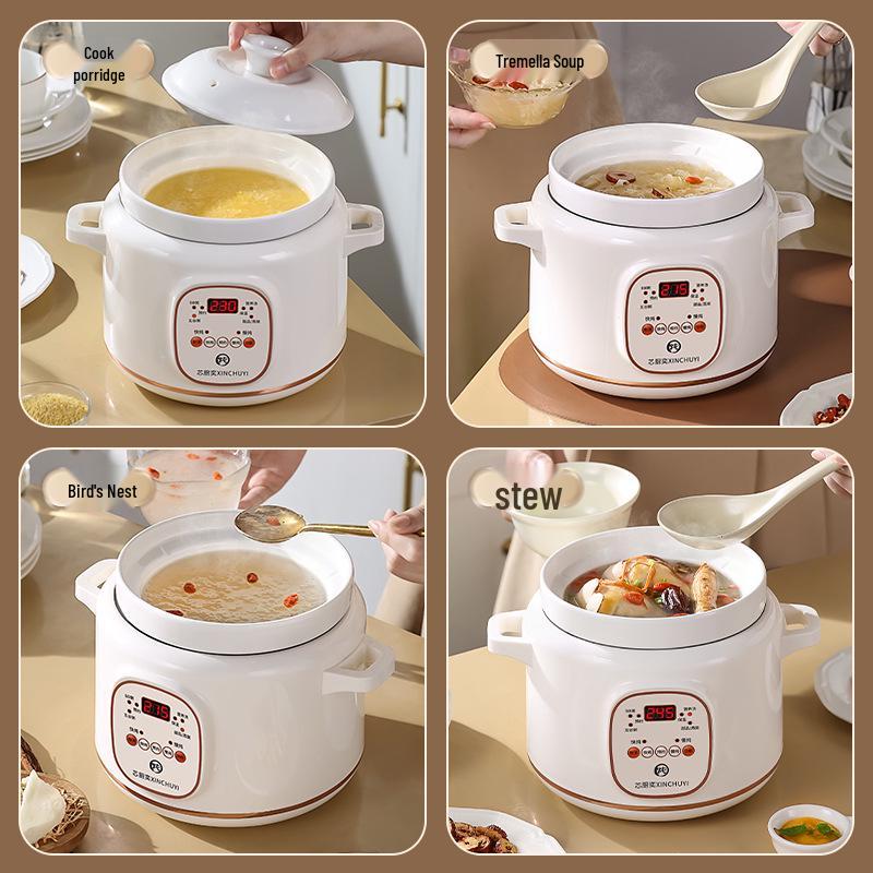 Plně automatický multifunkční elektrický pomalý hrnec s bílým keramickým a fialovým hliněným hrncem