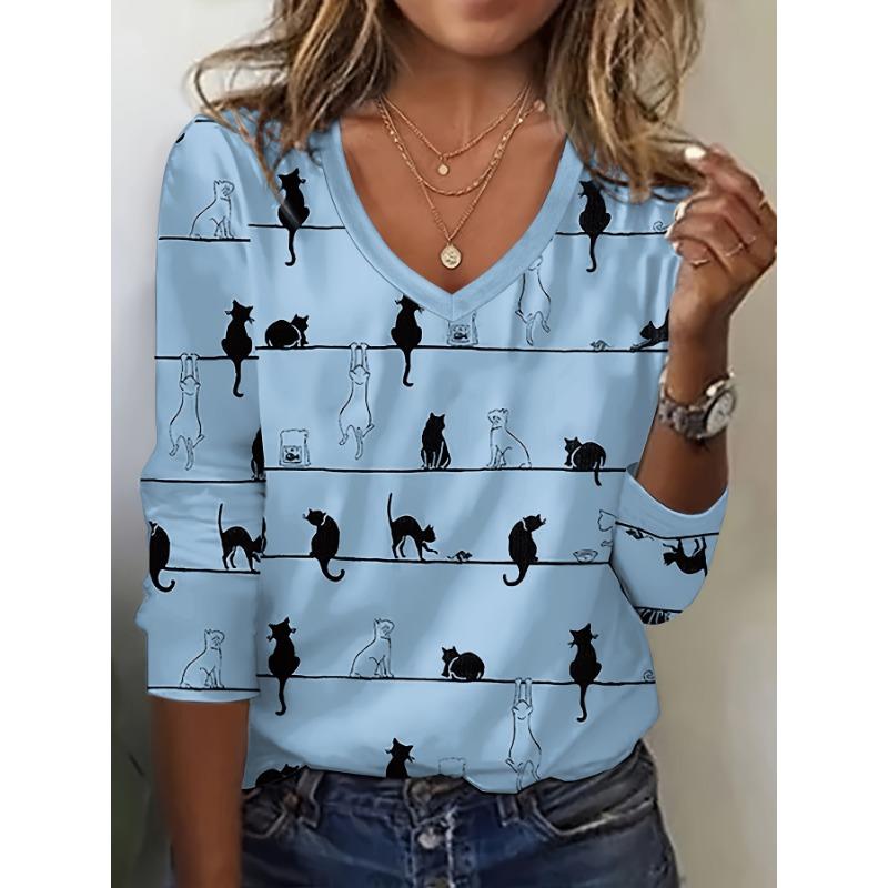 

Футболка с милым принтом кота и V-образным вырезом, повседневный топ с длинными рукавами для женской одежды на весну и осень S