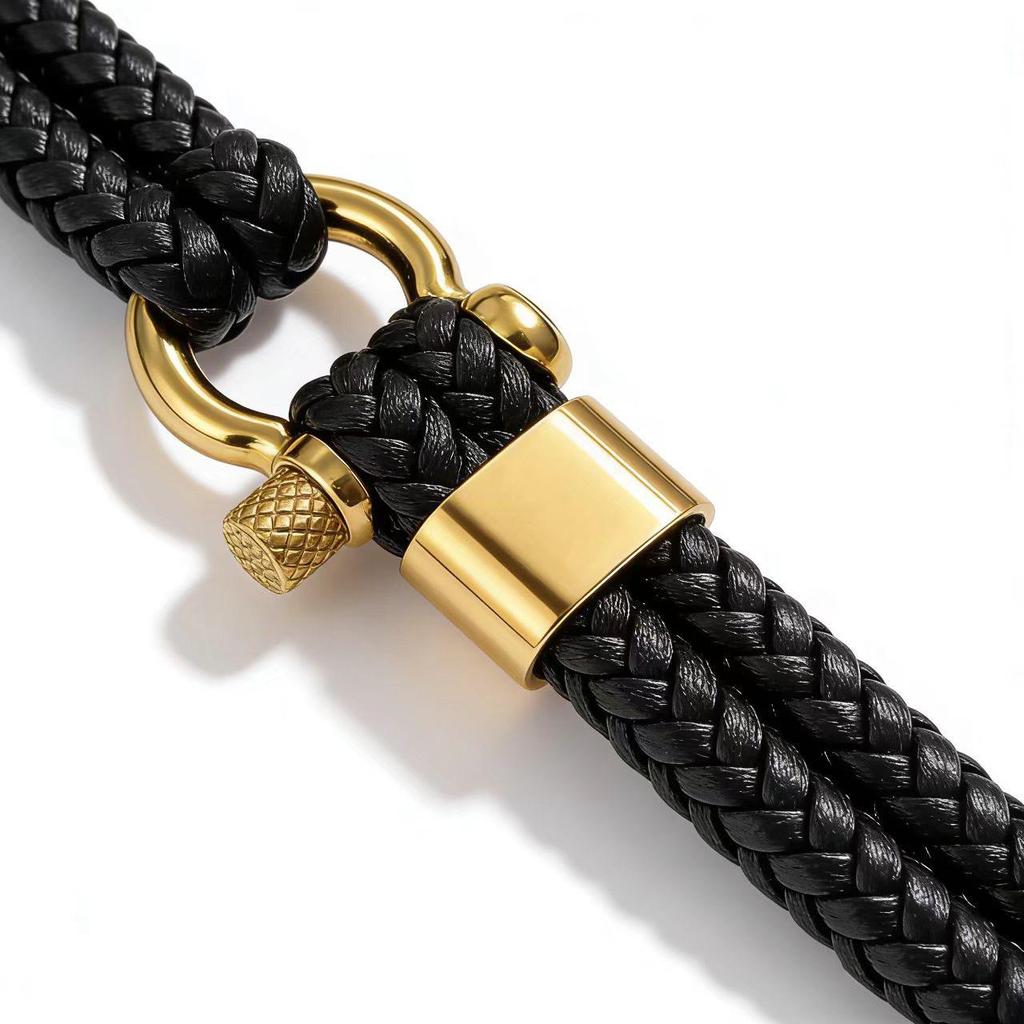 Men's Retro Horseshoe Buckle Leather & Stainless Steel Stackable Bracelet