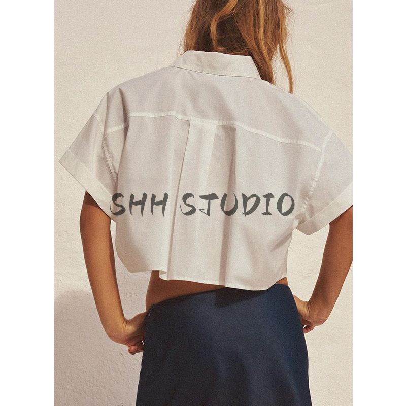 Spring and Summer New Women's Clothing Minimalist Pleated Decorative Poplin Cotton Short Sleeve Lapel Short Shirt 4764014