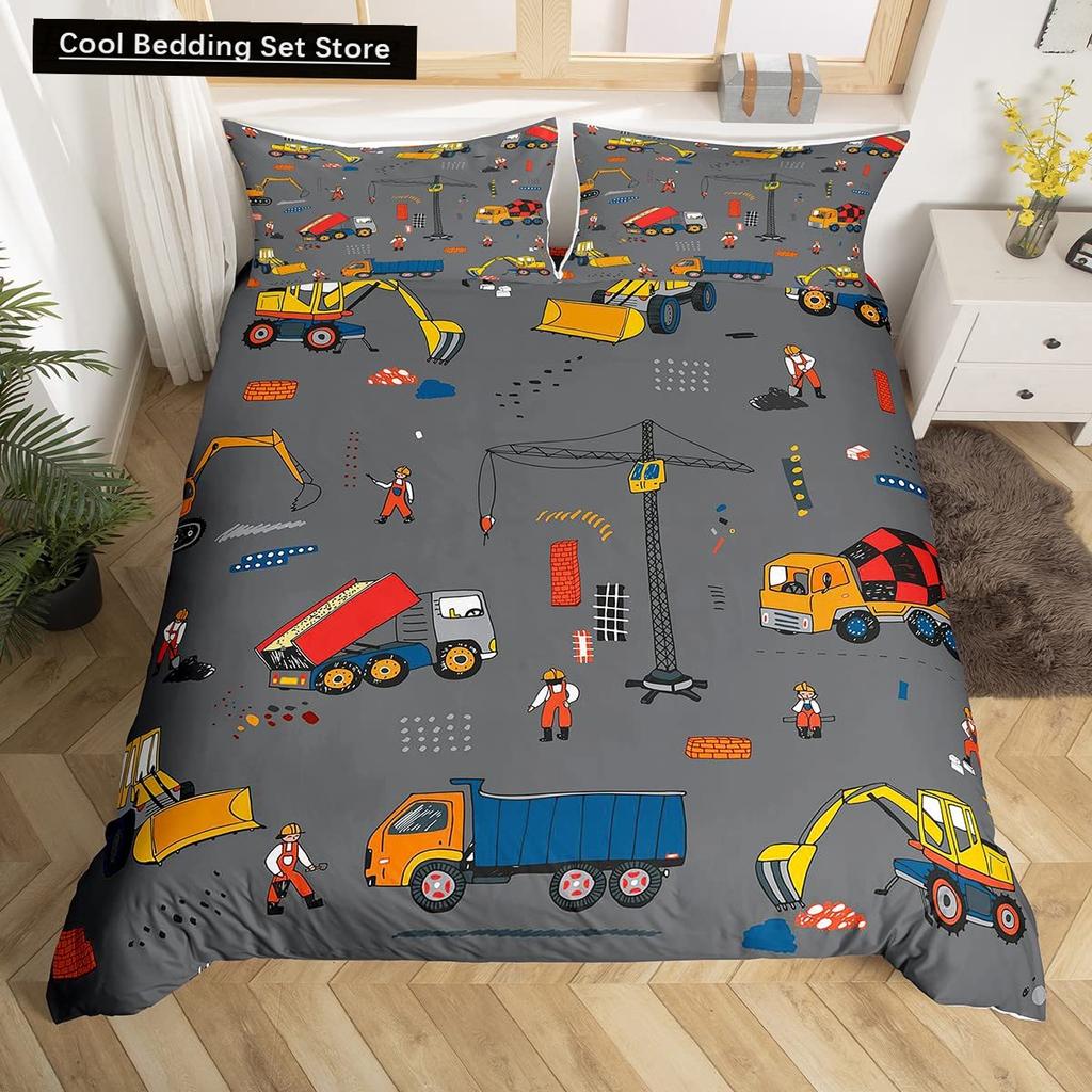 Truck Excavator King Queen Duvet Cover Yellow Tractor Bedding Set for Kids Boys Girls Cartoon Car Transporter 2/3pcs Quilt Cover
