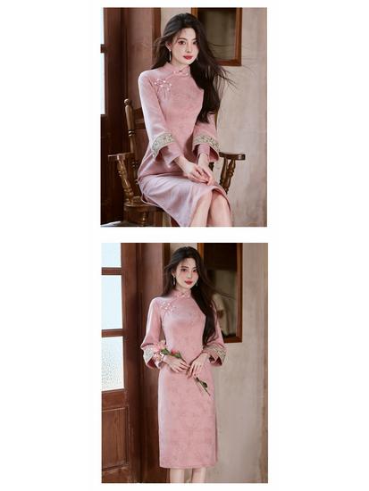 Elegant Powder-Color Qipao - Women's 2025 Autumn Ladylike Daily Wear