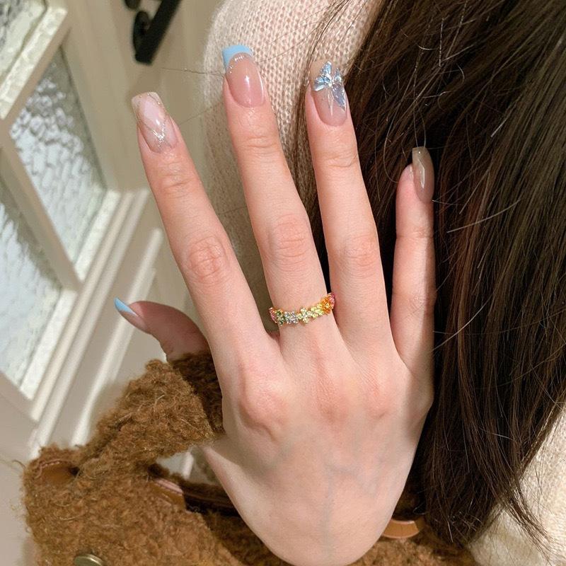 Fashion Female Rings  Sterling Silver Dopamine Colored Zircon Flower Adjustable Rings for Women Promise Love Wedding
