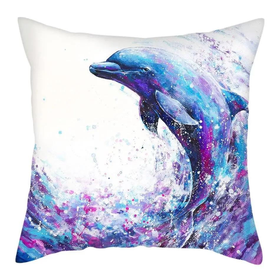 Colorful Sea World Pillowcase Cute Dolphin Pattern Cushion Cover Home Sofa Car Decoration