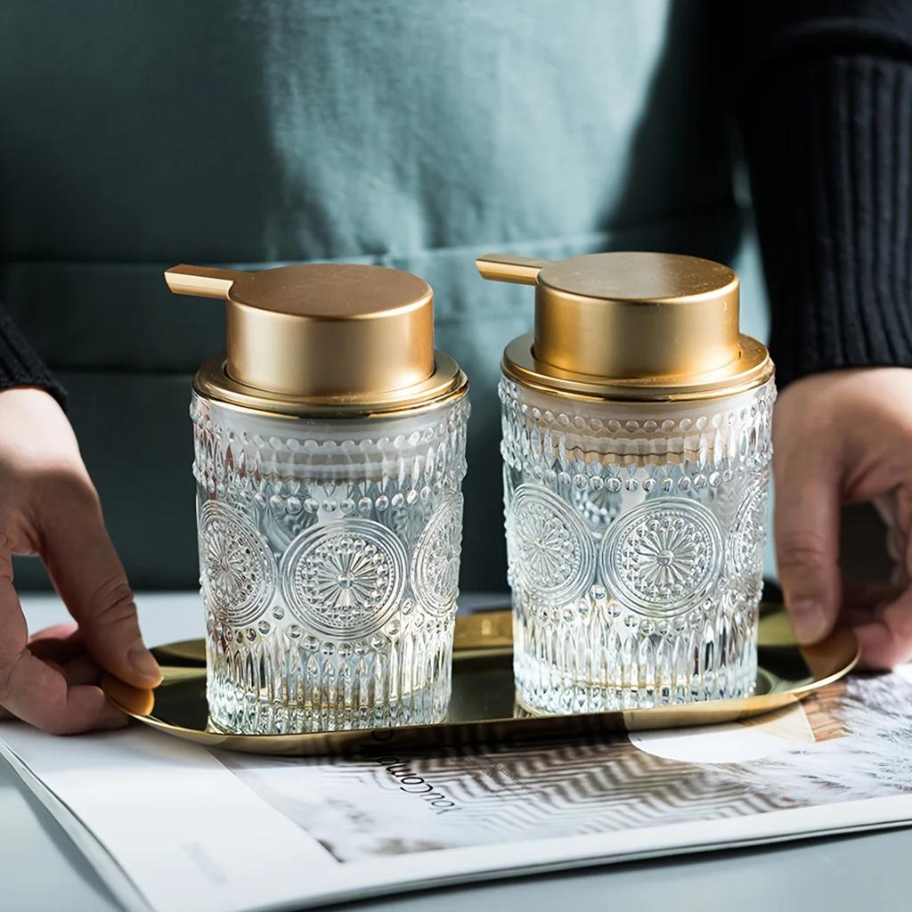 Glass Foam Soap Dispenser With Rustic Golden Pump Refillable Foam Hand Soap Containers For Bathroom Kitchen Decor 1Pc Embossed