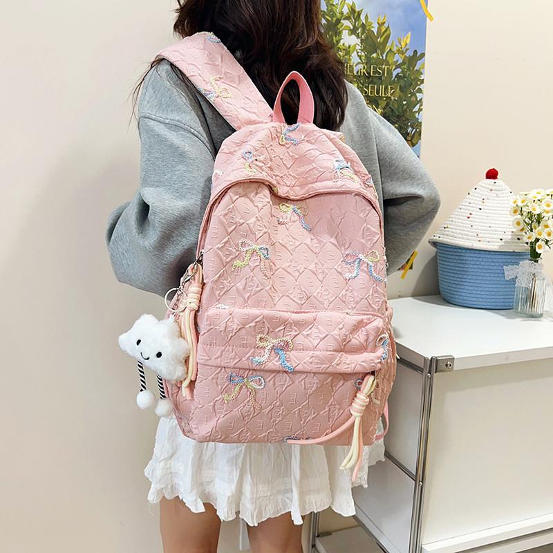 Casual Bow Girls Shoulder Bag Soft Nylon And Stitching Details Travel School