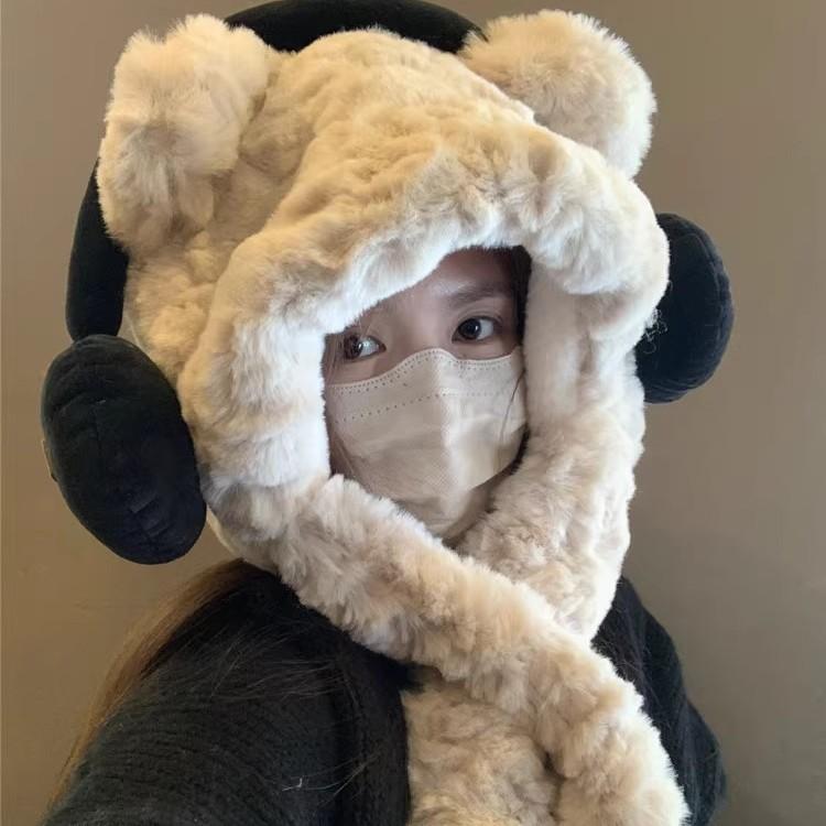 

Cute Headphones Bear Hat for Women In Autumn and Winter Thickened Cold and Warm Plush Face Protecting Hat and Scarf one size